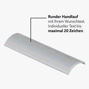 Handlaufschild aus Aluminium, max. 20 Zeichen Wunschtext, runder Handlauf Handlaufschild aus Aluminium, max. 20 Zeichen Wunschtext, runder Handlauf